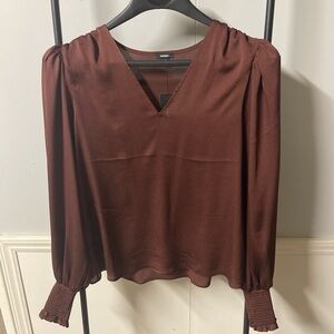 Express Brown Puff Sleeve Blouse with Ruffled Style